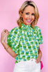 Abstract Print Button Back Ruffed High Neck Blouse